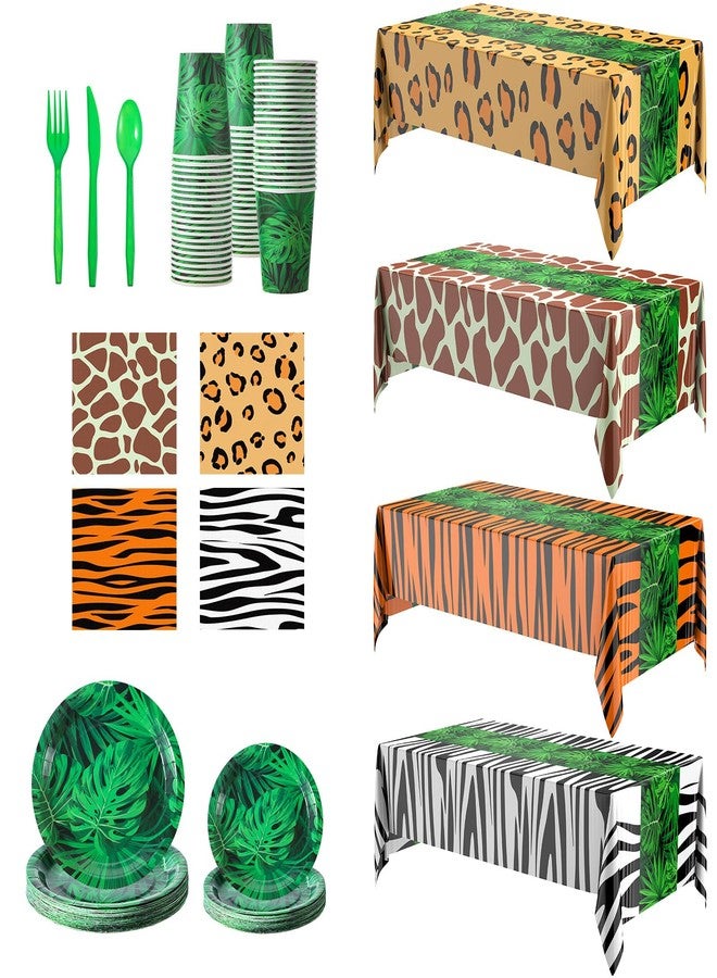 Oudain 324 Pcs Jungle Safari Party Decorations Tableware Animal Jungle Theme Party Supplies Includes Tablecloth Plates Napkins Cups Forks Knives Spoons For Baby Shower Birthday Party (Animal) - Image 2